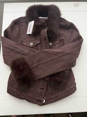 Danielle Guizio Brown Jean Jacket with Fur Trim